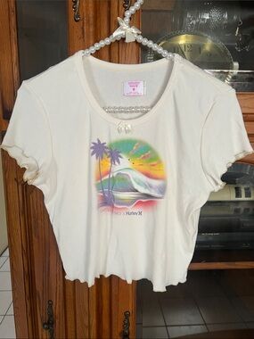 LoveShackFancyXHurley Cream Ribbed Graphic Surf Crop Top